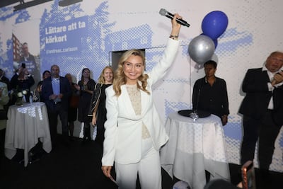 Christian Democrats leader Ebba Busch looking happy during an election night party in Stockholm. AFP