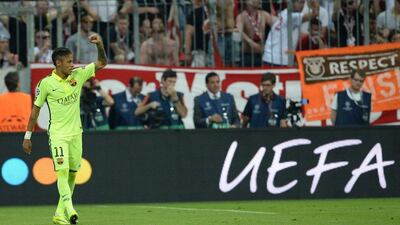 Barcelona's Neymar celebrates during his side's 5-3 aggregate victory in the Champions League semi-final over Bayern Munich on Tuesday night. Sven Hoppe / EPA