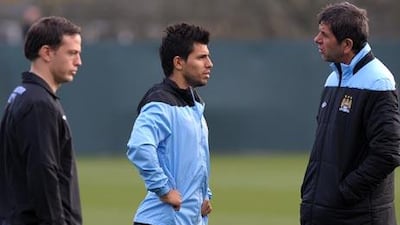 Sergio Aguero, centre, has scored 10 goals in 10 starts for Manchester City, but is second to Edin Dzeko, 13, in the club’s scoring chart.