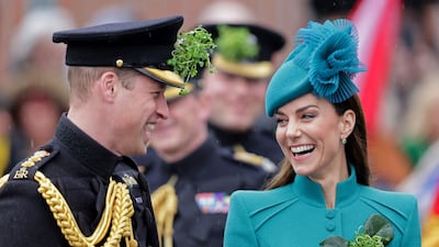 Britain's Prince William and Kate, Princess of Wales, attend the 1st Battalion Irish Guards' St Patrick's Day Parade at Mons Barracks in Aldershot. AFP