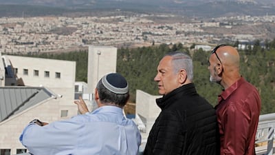Israeli Prime Minister Benjamin Netanyahu, center, meets with heads of Israeli settlement authorities at the Alon Shvut settlement, in the Gush Etzion block of the occupied the West Bank. AP