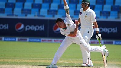 Dale Steyn caught Shan Masood leg before wicket before Pakistan had even scored a run in their second innings today. Marwan Naamani / AFP
