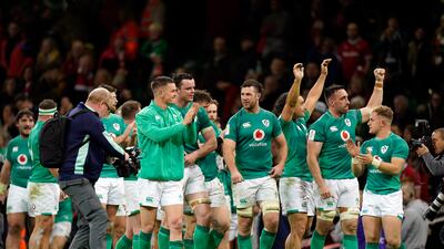 Ireland players celebrate their Six Nations win against Wales in Cardiff on February 4, 2023. EPA