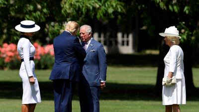 US President Donald Trump and First Lady Melania Trump meet Britain's Prince Charles and Camilla, Duchess of Cornwall, as they arrive at Buckingham Palace. Reuters
