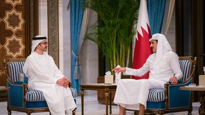 Sheikh Abdullah bin Zayed, Minister of Foreign Affairs, with Qatar's Emir Sheikh Tamim on Sunday. All photos: Wam