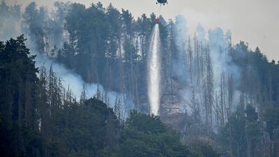 A Czech military helicopter helps to extinguish a fire close to the German-Czech border near Schmilka, Germany. Reuters