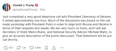 US President Donald Trump posted this message on Truth Social after speaking to Ukrainian President Volodymyr Zelenskyy on March 19.