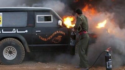 A modified vehicle bursts into flames at the Awafi UAE Sand Drag Champions races in Ras al Khaimah, a legal venue for drag racing, bout 18 months ago. The fire reportedly started when an electrical short ignited the fuel.