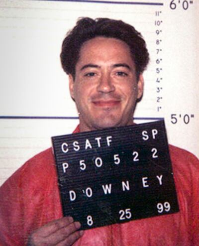 A mug shot of Robert Downey Jr taken at the California Department of Corrections on 25 September 1999. Getty Images