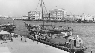 Ships unloading their goods on the creek for the Customs Department in Dubai in 1967. Getty Images