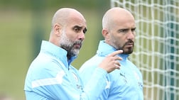 Pep Guardiola, left, with his then Manchester City assistant Enzo Maresca in 2023. EPA