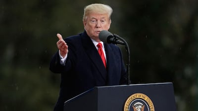 US President Donald Trump speaks at the American Cemetery of Suresnes, outside Paris, on November 11, 2018. AFP