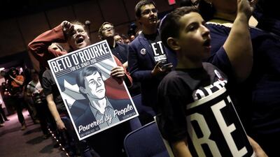 Supporters of US Rep Beto O'Rourke (D-TX), candidate for U.S. Senate attend a campaign rally on the last day before the U.S. 2018 midterm elections at the University of Texas in El Paso. Reuters