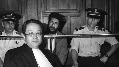 Georges Ibrahim Abdallah during his trial in Lyon, in July 1986, with his lawyer Jacques Verges. AFP
