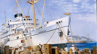 A painting of Dwarka, a passenger and cargo ship that used to operate an India/Gulf service from Bombay, calling at Karachi, Mina Qaboos, Dubai, Bahrain and Kuwait. Photo: P&O Heritage / DP World