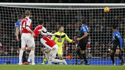 Gabriel Paulista of Arsenal scores their first goal on Monday night against Bournemouth in the Premier League. Stefan Wermuth / Reuters