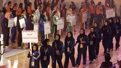The UAE delegation walks out during the opening ceremony of the second Arab Women Sports Tournament in Sharjah. Jaime Puebla / The National