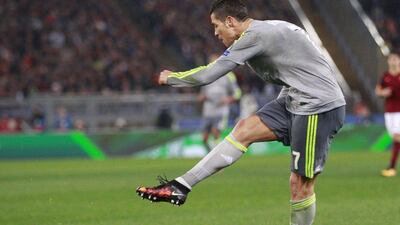 Real Madrid’s Cristiano Ronaldo scores during a Champions League, round of 16, first-leg soccer match between Roma and Real Madrid, at the Stadio Olimpico, Wednesday, February 17, 2016. (AP Photo/Andrew Medichini)