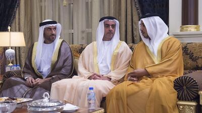 From right: Sheikh Mansour bin Zayed, Deputy Prime Minister and Minister of Presidential Affairs, Lt General Sheikh Saif bin Zayed, Deputy Prime Minister and Minister of Interior, and Sheikh Nahyan bin Zayed, Chairman of the Board of Trustees of the Zayed bin Sultan Al Nahyan Charitable and Humanitarian Foundation, attend a reception for King Mohammed VI. Rashed Al Mansoori / Crown Prince Court - Abu Dhabi