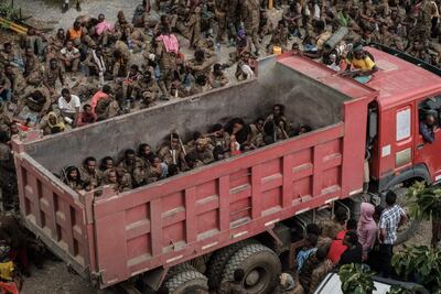 Wounded captive Ethiopian soldiers arrive at the rehabilitation centre in Mekelle, the capital of the Tigray region in July 2021. AFP