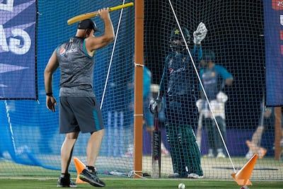 Pakistan's Mohammad Hafeez takes some tips from Matthew Hayden in Dubai. AFP