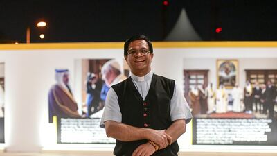 Father Nedumpurath Johnson travelled from Kuwait to hear Pope Francis speak during a Mass at the Cathedral of Our Lady of Arabia in Bahrain. Khushnum Bhandari / The National