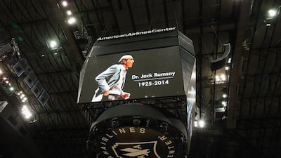 The videoboard at America Airlines Center in Dallas, Texas, USA displays a tribute to Dr Jack Ramsay on Monday before the Mavericks and Spurs played in Game 4 of their NBA play-offs series. Ronald Martinez / Getty Images / AFP / April 28, 2014