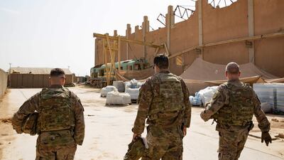 US Brigadier General Vincent Barker tours the US base in Qaim. AFP