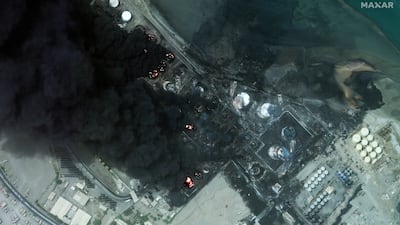 Oil depots burning after Israel's air strike on Houthi military targets in Hodeidah on July 21. Photo: Maxar Technologies / Reuters