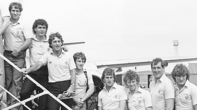 Members of the England football team at an airport, 1982. Left to right: Kenny Sansom, Steve Foster, Trevor Francis, Steve Coppell, Ray Clemence, Graham Rix, Joe Corrigan and Glen Hoddle. Getty Images