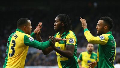 Dieumerci Mbokani, centre, has scored a goal in each of his two games for Norwich City since joining on loan at the end of the transfer window. Alex Livesey / Getty Images