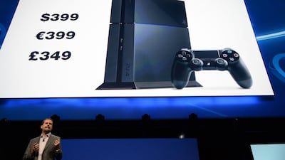 CEO Andrew House announces the pricing for the new PlayStation 4 at the Sony press conference in Los Angeles. House said that the new PlayStation 4 will cost USD $399 (Dh1,465) and it will be available in time for the 2013 holiday season. Robyn Beck / AFP