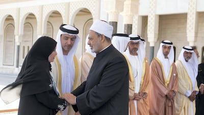 Dr Amal Al Qubaisi, Speaker of the Federal National Council, bids farewell to Dr Ahmed Al Tayeb. Rashed Al Mansoori / Ministry of Presidential Affairs