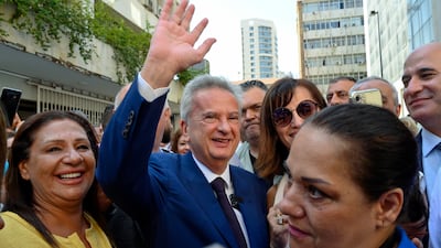 Riad Salameh greets employees on his last working day as the head of the Lebanon's central bank. EPA