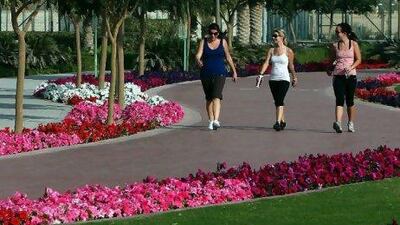 Whatever the leisure that is pursued, the Al Barsha Park in Dubai seems to be a magnet for all cultures. Walkers take the jogging track bedecked with flowers on either side.