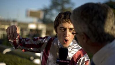 Christophe Soumillon gets animated with ATR's Mike Cattermole after being given a five day ban for a whipping offence and losing prize money after riding Cirrus Des Aigles to win The Qipco Champion Stakes at Ascot racecourse.