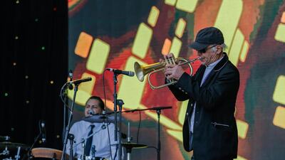 Sufi melodies and jazz exploration melded in a spellbinding sunset set from fusion trio Salhi, despite the absence of vocalist Mounir Troudi due to reported “visa issues”. Michek Marre and Imed Alibi. Victor Besa for The National