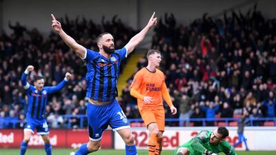 Rochdale's Aaron Wilbraham celebrates after scoring against Newcastle United in the FA Cup on Saturday. Getty