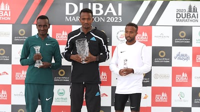 From left to right: Deresa Gelete Ulfata, Abdisa Tola Adera and Haymanot Alew Engdayehu celebrate on the podium. Getty