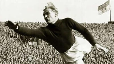 Trautman in action for Manchester City against Wolves in a 1951 First Division fixture.
