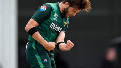 Pakistan's Shaheen Afridi celebrates the wicket of Ireland's Andrew Balbirnie. AP
