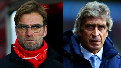 Liverpool manager Jurgen Klopp, left, and Manchester City manager Manuel Pellegrini, right. (Ian Macnicol and Ian Walton / Getty Images)