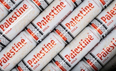 Palestine Cola cans feature the distinctive Palestinian keffiyeh design at the bottom. Photo: Safad Food