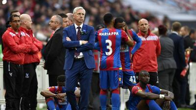Alan Pardew manager of Crystal Palace looks dejected in defeat after the FA Cup Final match between Manchester United and Crystal Palace at Wembley Stadium on May 21, 2016 in London, England. Manchester United won 2-1 after extra time. (Mike Hewitt/Getty Images)