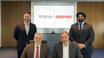 James Dorris, chief executive of Odys Aviation and Alaa Saoudi, Aramex’s chief operating officer for express, seated, with Vincent Frascogna, vice president of business development at Odys, and Angad Singh, global director of innovation at Aramex at the launch of the agreement. Photo: Aramex