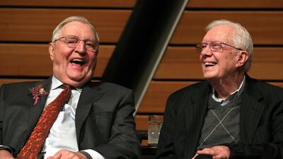 Mondale, left, sits onstage with former president Jimmy Carter during Mondale's 90th birthday celebration at the McNamara Alumni Centre at the University of Minnesota. Star Tribune via AP
