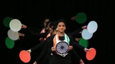 School girls dance to a patriotic song at the Indian embassy in Abu Dhabi to celebrate India’s Independence Day yesterday. Ravindranath K / The National