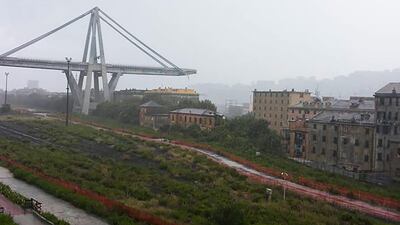 A collapsed section of a viaduct on the A10 motorway in Genoa. Paola Pirrera / Facebook / AFP