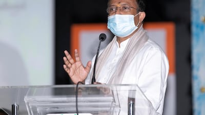 V. Muraleedharan, Indian Minister of State for External Affairs addresses workers at Delhi Private School in Dubai, where a programme has been launched to help blue-collar workers learn soft skills and language. Reem Mohammed / The National