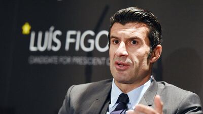 Former Real Madrid and Portugal winger Luis Figo unveils his Fifa election manifesto during a press conference at Wembley Stadium in London on 19 February 2015. Andy Rain / EPA